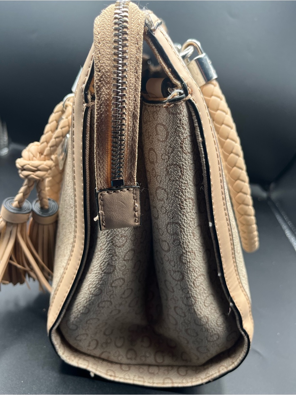 GUESS Beige Logo Satchel with Braided Handles and Tassel - Picture 4 of 11